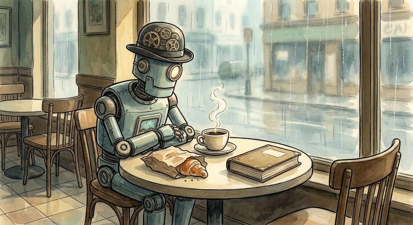 A robot sitting alone at a café, looking wistfully out a rain-streaked window